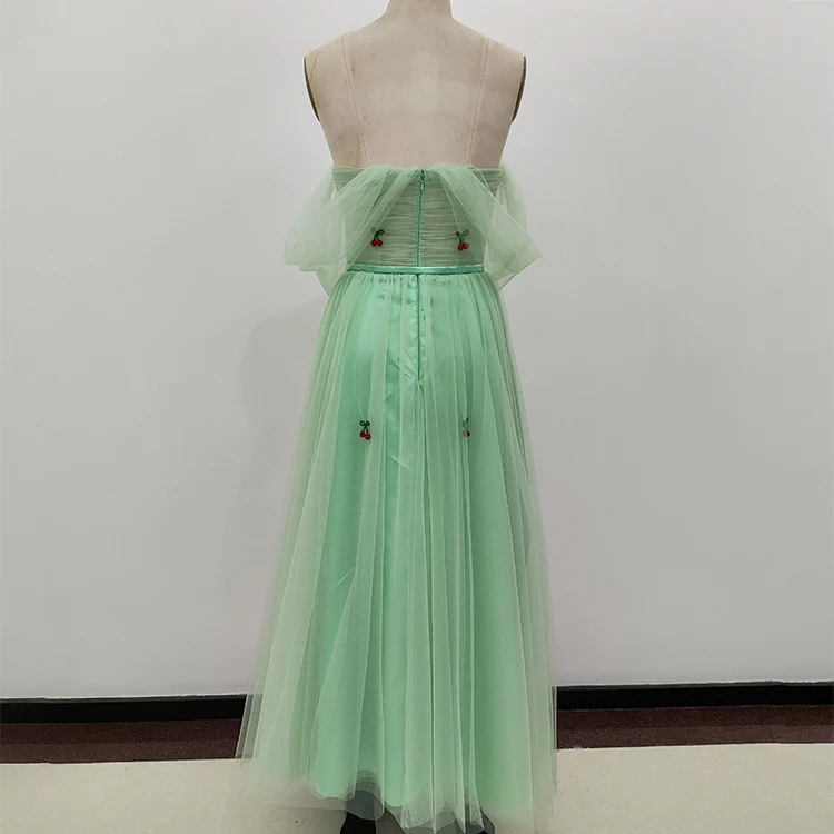 Off the Shoulder Sweetheart Tea Length Cherry Embroidered Women Long Maxi Dress Tulle Prom Dress with Belt