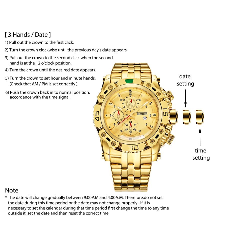 OEM ODM TEMEITE 013G wholesale gold mens quartz watch low cost heavy duty waterproof date display luxury new business wristwatch