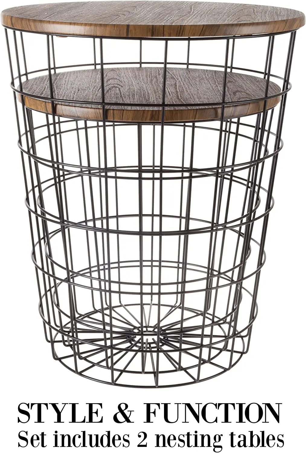 Nesting Wire Basket Base and Wood Tops Farmhouse Style Side Table Set of 2 Decorative Serving Baskets for Home Decor