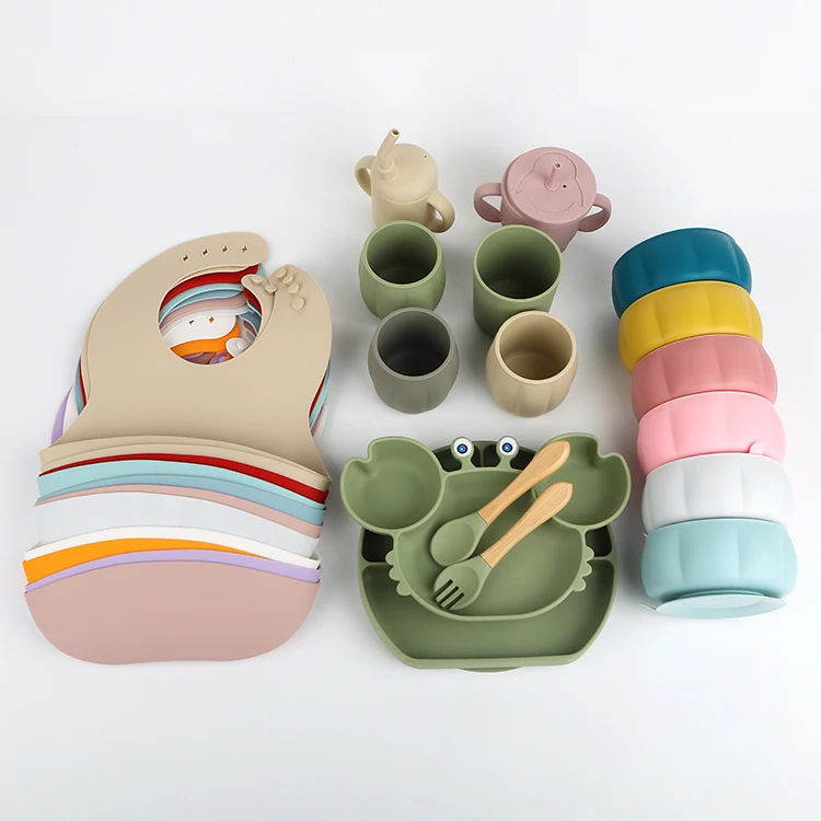 2024 Child Kids Tableware Snack Sippy Drinking Cup Placemat Bib Feeding Set Suction Silicone Baby Bowl Plate With Spoon Fork
