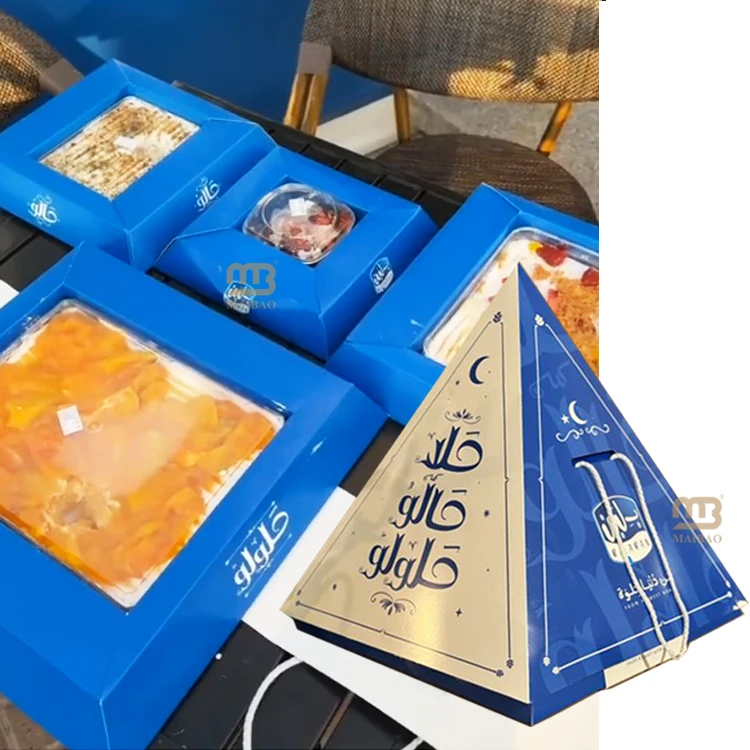 Custom arabic sweet kunafa packaging pyramid grazing box takeout bread cake desserts pyramid food box design bento pyramid box