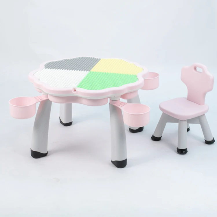 Eco-friendly Flower Shape Multifunction Plastic building blocks kids table with chair