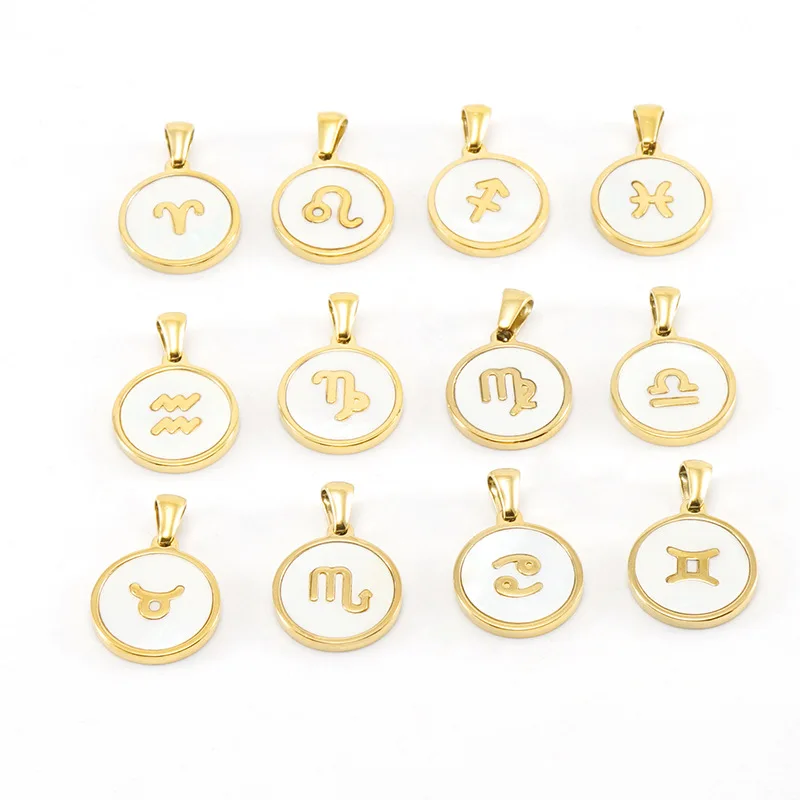18K Gold Plated Stainless Steel 12 Horoscope Sign Coin Pendant Fashion Round Zodiac Necklace Jewelry For Couple