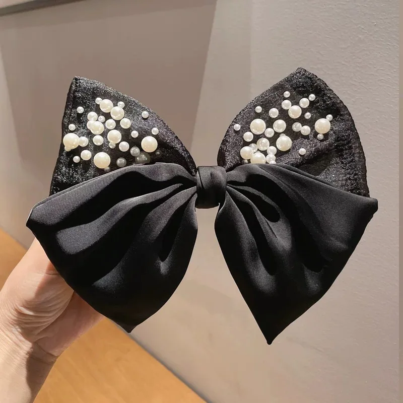 Mori Pearl Hair Clip Women Simple Elegant Bow Top Hair Accessories Fabric Ribbon Sweet Super Fairy Style Spring Metal Plastic