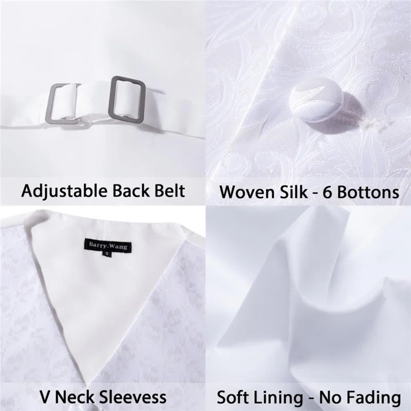Men Solid White Suit Vest Silk Waistcoat Formal Paisley Ties Cufflinks Pocket Square Set for Tuxedo Male Gift MJ-2002