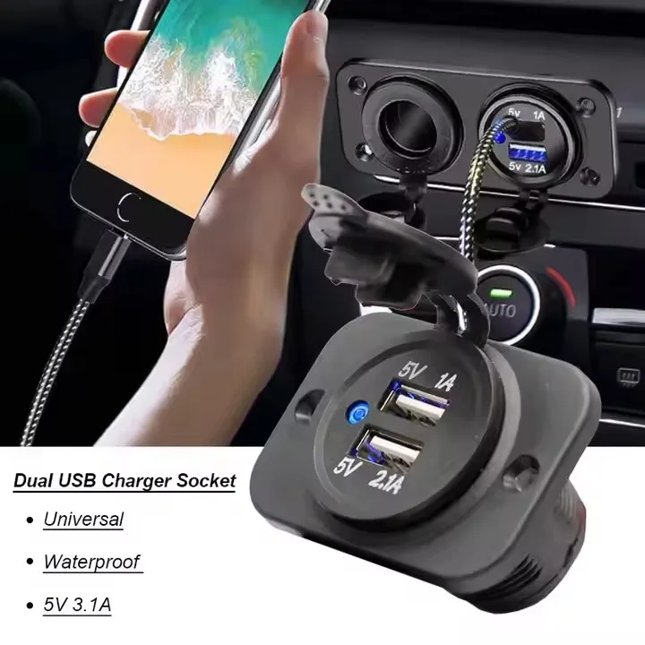Electric Motorcycle Car 12V 24V Dual USB 5V 3.1A LED Waterproof Power Socket Charger for Marine RV Mobile Car Boat