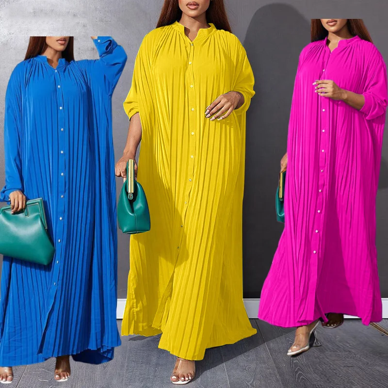 Europe and America yellow Summer casual dress plus size casual dress new fashion loose casual pleated dress