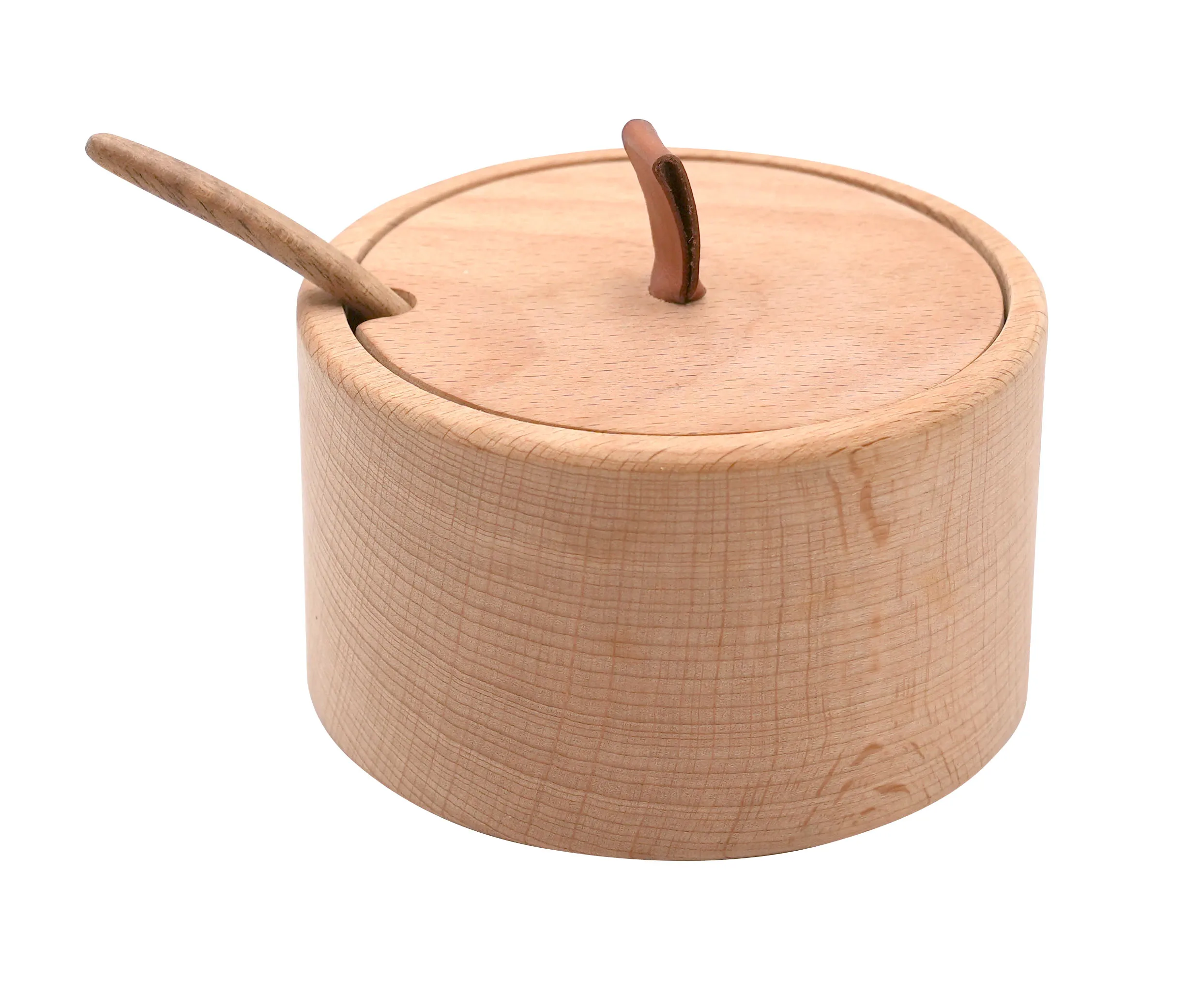 Small Organic Wooden Salt Pepper Bowl Spice Box Round Wood Salt Cellar Container with Serving Spoon