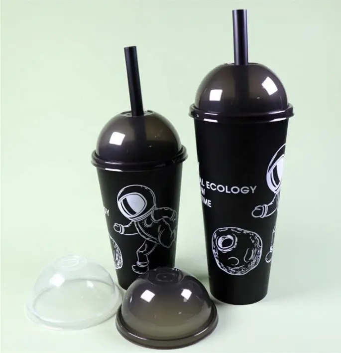90 98mm caliber16oz 22oz Take away Non-taxic disposable black plastic cup bubble tea milk juice cold drinking cup