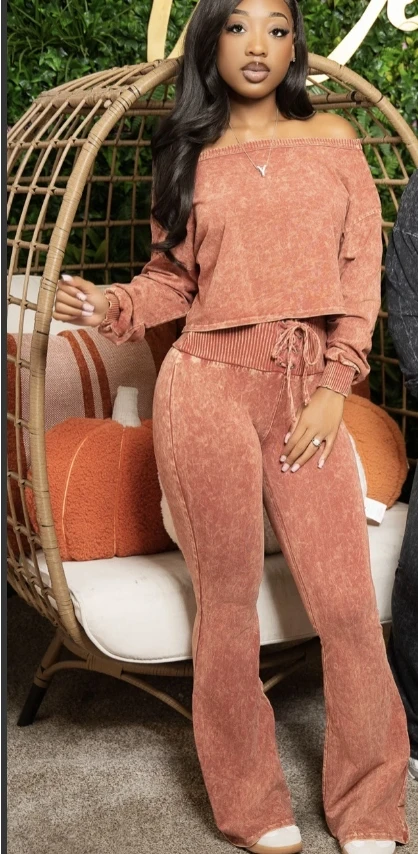 OJW6285C 2024 autumn women vintage Loose casual short-sleeved sweatshirt + drawstring wide-leg pants two-piece set