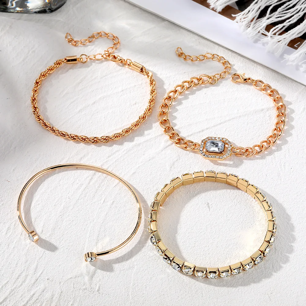 Wholesale Vintage Gold plated Bracelets Set for Women Crystal 4 pcs Chain Punk Cuban Link Charm Bracelet Bangle Fashion Jewelry