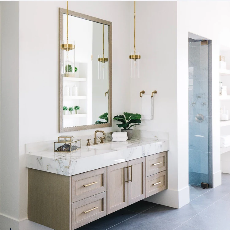 Natural Marble Wall Mounted Bathroom Vanity with LED Backlit Mirrored Cabinets