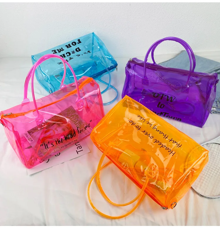 Custom logo transparent colored PVC travel duffle bags spend the night tote bags clear