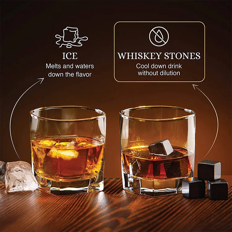 Most Popular Whiskey Stones And Glasses Gift Set Premium Handmade Wooden Box Whiskey Rocks Chilling Stones