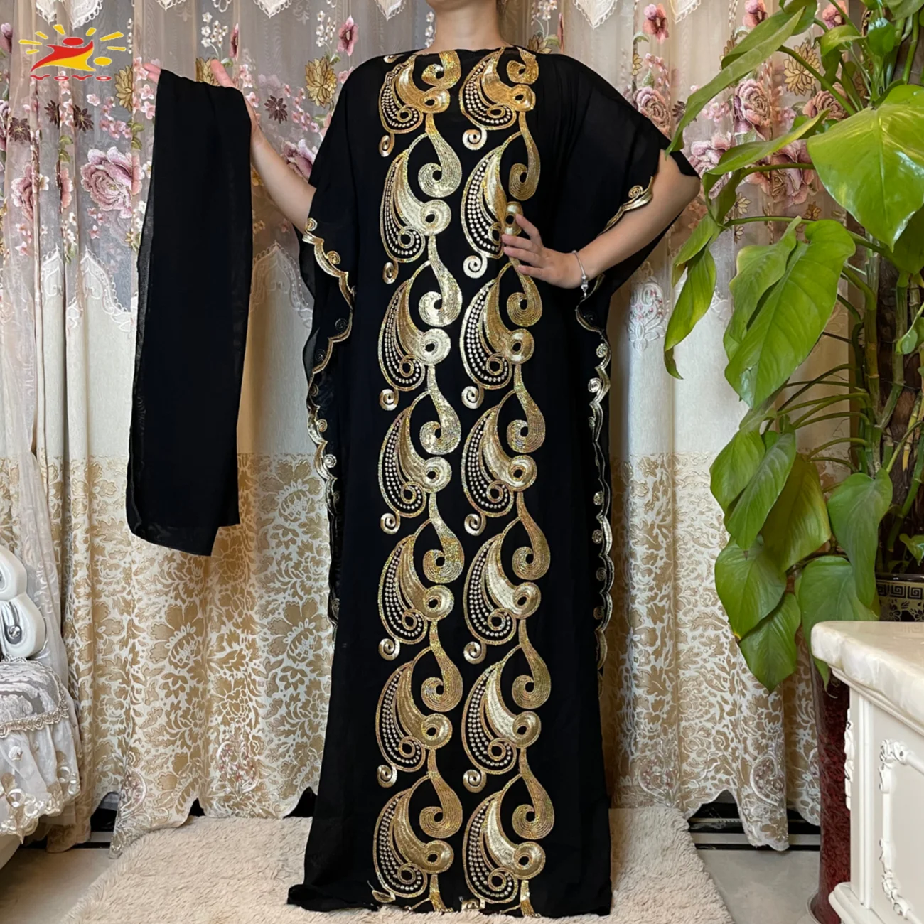 2023 New Arrival African Embroidery Flower Esse With Scarf Big Size Women Muslim Sequins Embroidery Long Black Lady Clothes