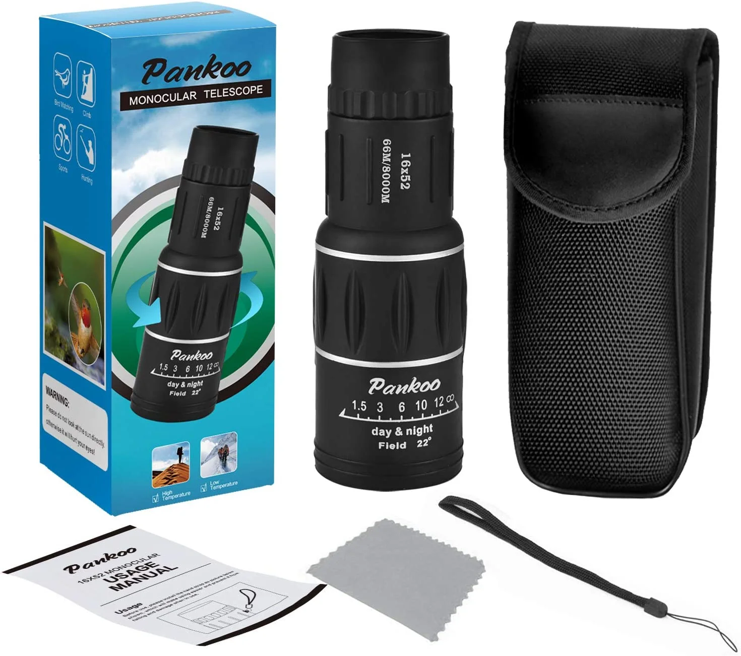 16X52 Monocular Telescope, High Power Prism Compact Monocular for Adults Kids HD Monocular Scope for Bird Watching Hiking Conce