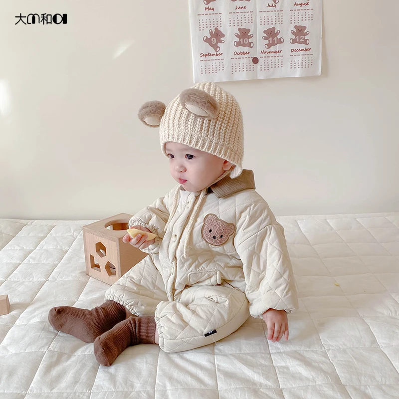 ins24 Winter Korean version baby lapel quilted thick crawling suit for boys and girls baby bear with wool thick onesie winter