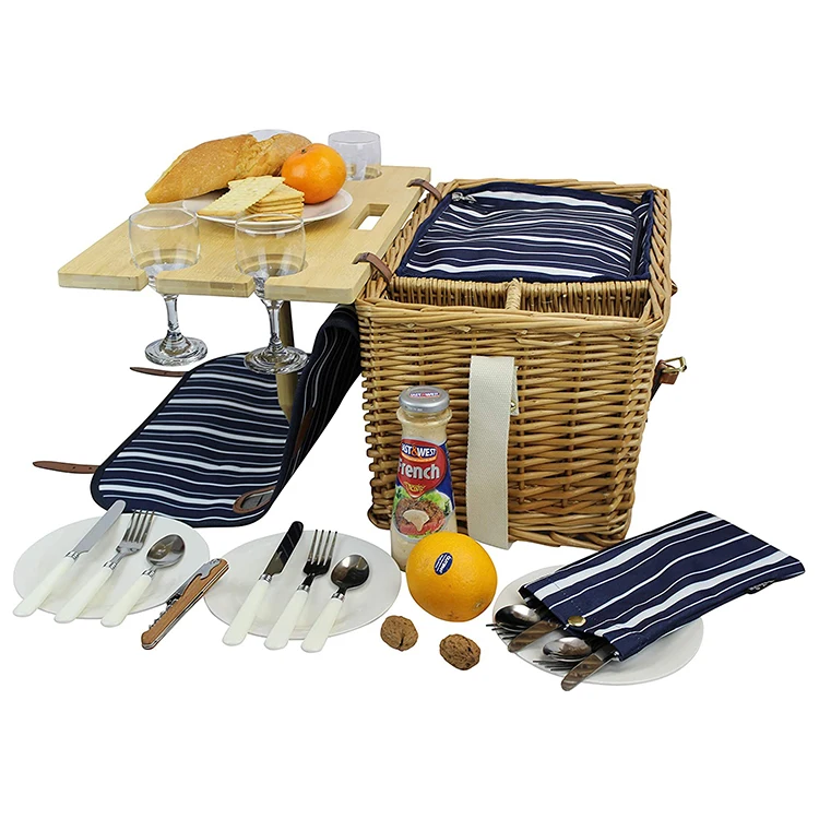 Handmade nature rattan wholesale wicker willow customized picnic basket wicker coolerlogo bags tote hamper set with wooden lid