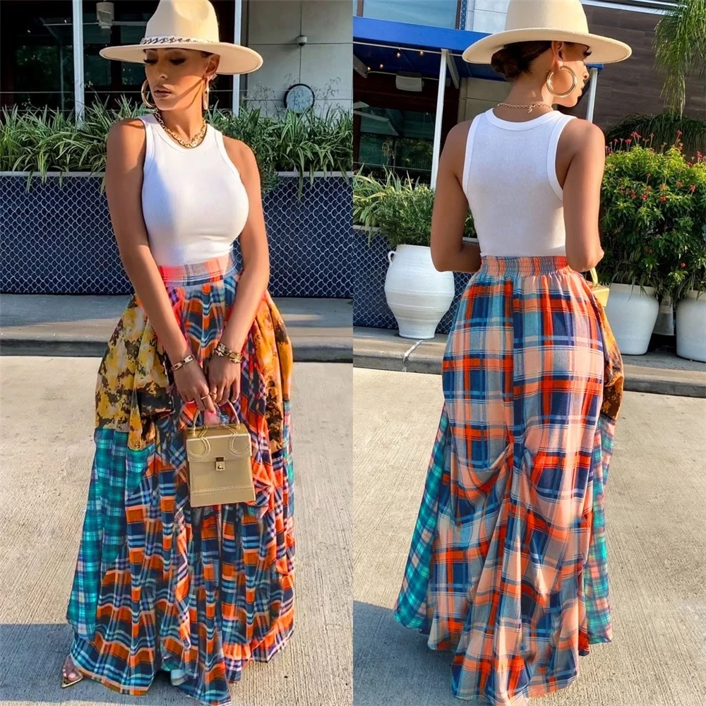 ANSZKTN Fashion Women Irregular  Long Skirt High waist Casual Loose Printed Plaid Plus Size Skirt Maxi Skirts