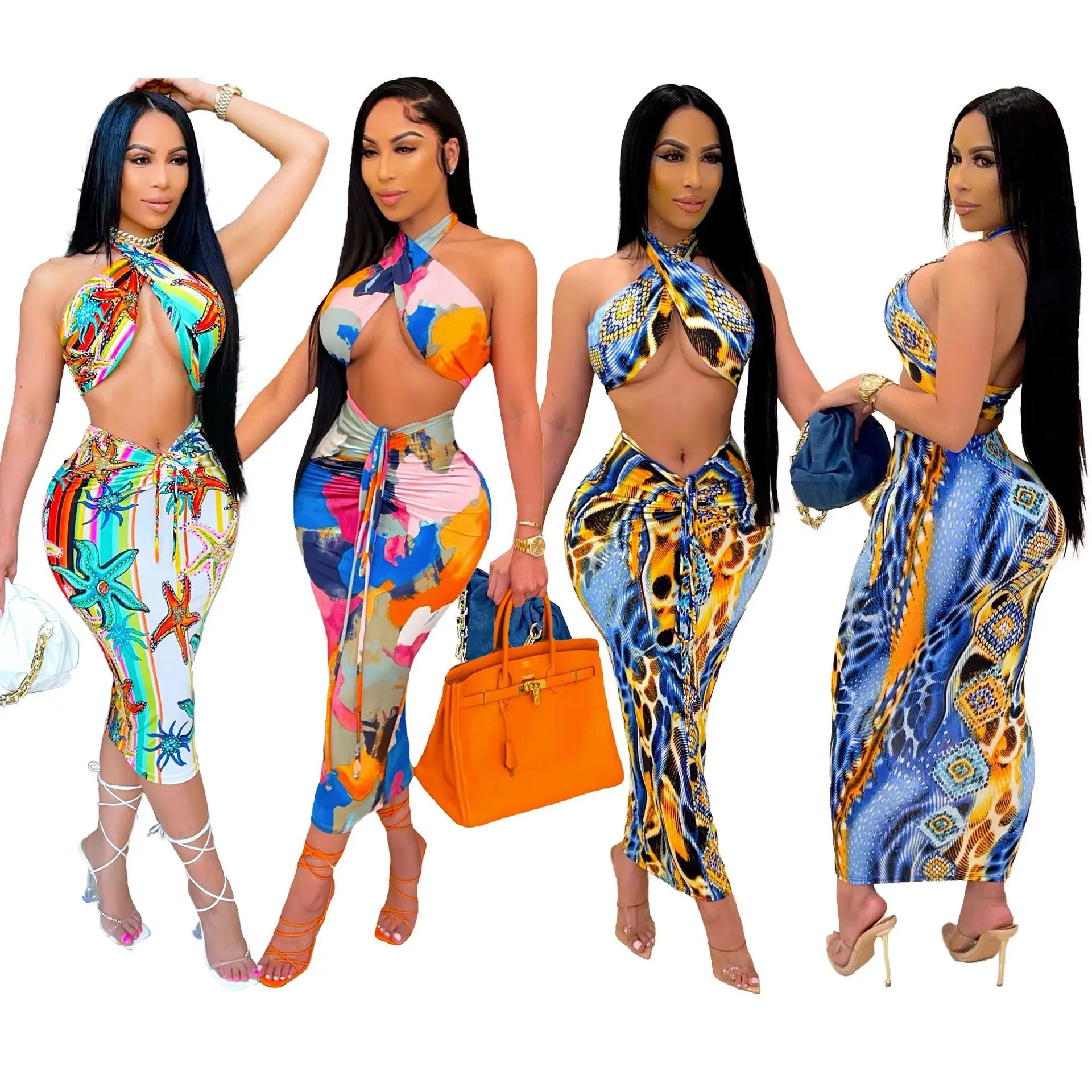 
GQ2399 2021 new arrivals long dress printed backless chest shirring party dress ladies sexy club dresses 