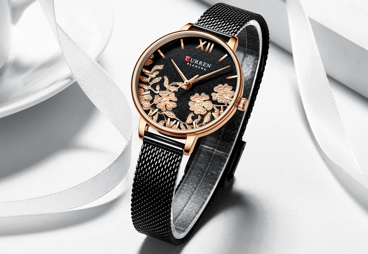 High end 9065 Curren roman digital scale display floral texture mesh quartz women watch exquisite fresh