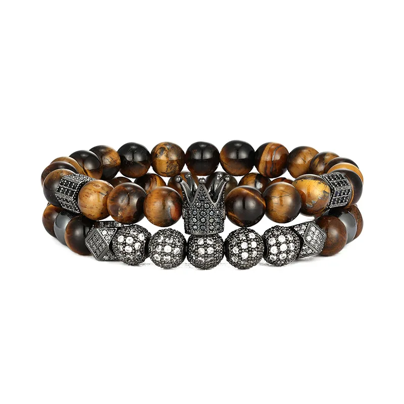 European Wholesale Luxury Handmade 2Pcs/Set Elastic Natural Tiger Eye Bead Micro Inlay Zircon Balls Crown Bracelet Set Men