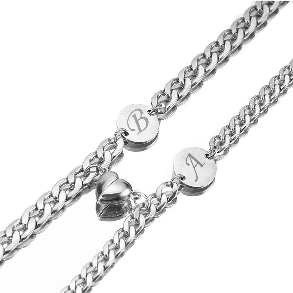 2 Pieces/Set New Stainless Steel Laser Engraved Couple Bracelets with heart Magnets for Men and Women