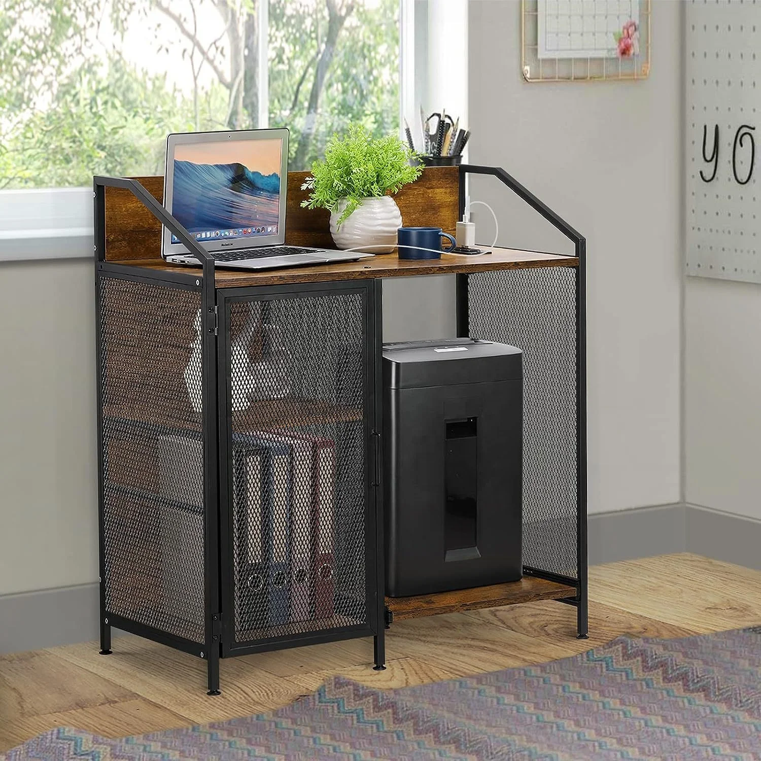 Modern Printer Stand and Paper Shredder Stand Rack 3-Tier Lateral Office Filing Cabinets with Socket and USB Charging Port