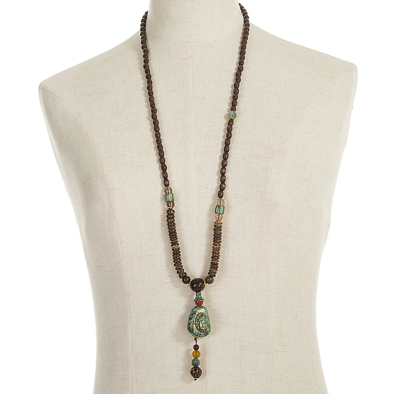 
Handmade Nepal Necklace Buddhist Mala Wood Beads Pendant & Necklace Ethnic Geometric Long Strand Statement Jewelry Women Men 