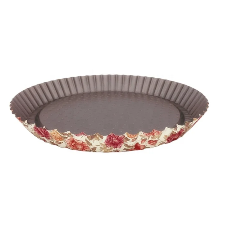 
11 Inch Carbon Steel Non Stick Flower Printing Fluted Quiche Pizza Pan Tray with Fixed Bottom Tart Pie Pan 