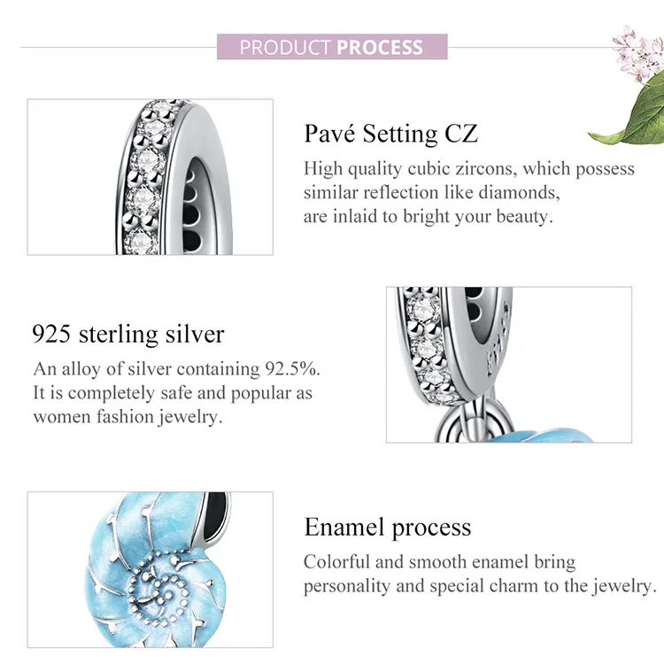 Silver Cute Blue Conch Pendant Charm fit Original Bracelet for Women 925 Sterling Silver Jewelry Making SCC1560