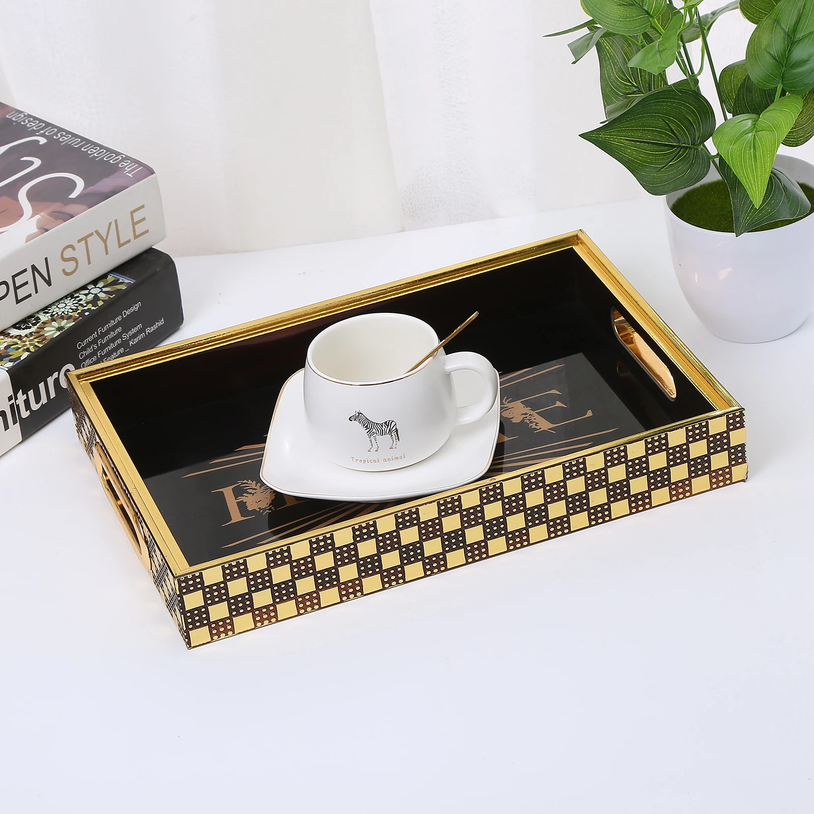 Wholesales Chocolate Decorative Trays Set Design Tray Glass for Jewelry Dresser  Bathroom Bedroom Tray With Mirror