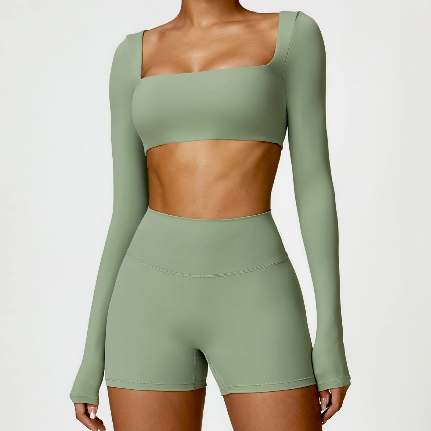 Hot Selling Women Lightweight Square Neck Running Outfits High Stretch Long Sleeve T Shirt Gym Yoga Crop Tops