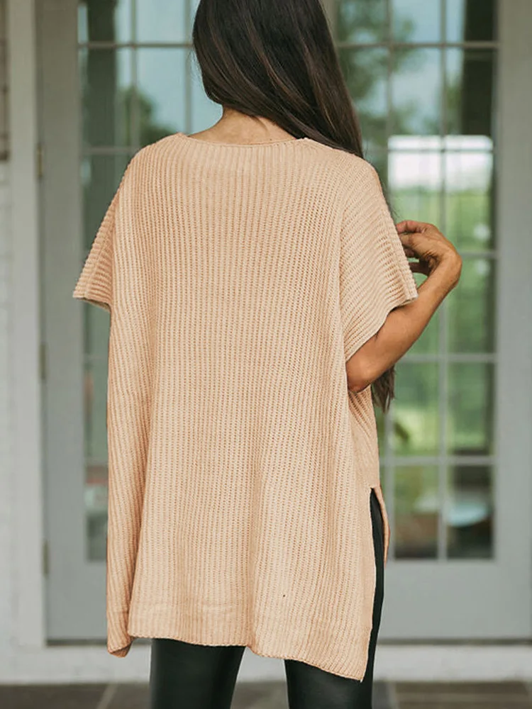 Women Fashion Apricot Short Sleeve Side Slit Oversized Sweater