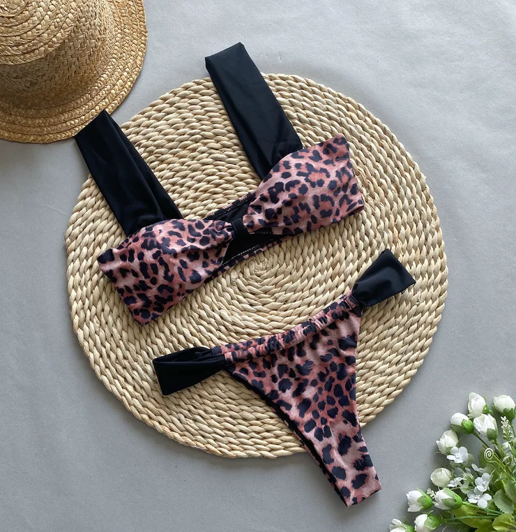 STOCK 2Colors Bandeau Top Cheetah Print Swim Suit Sexy Women Two Piece Brazilian Micro Bikini