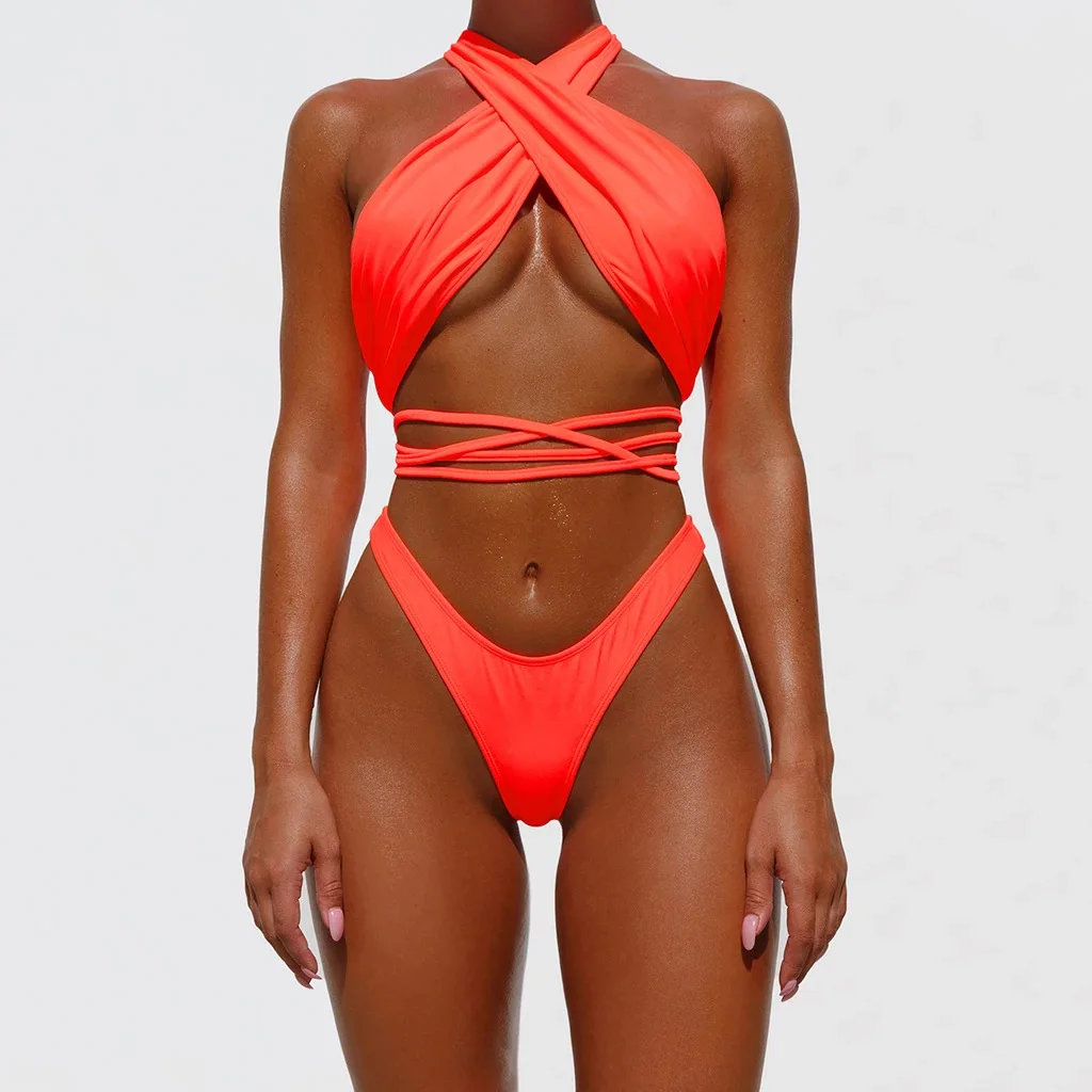 2022 Silver Fluorescent Green Orange Front String Tie Cross T Style Bikini Set Swimsuit Swimwear Two Piece Bathing Suit Halter