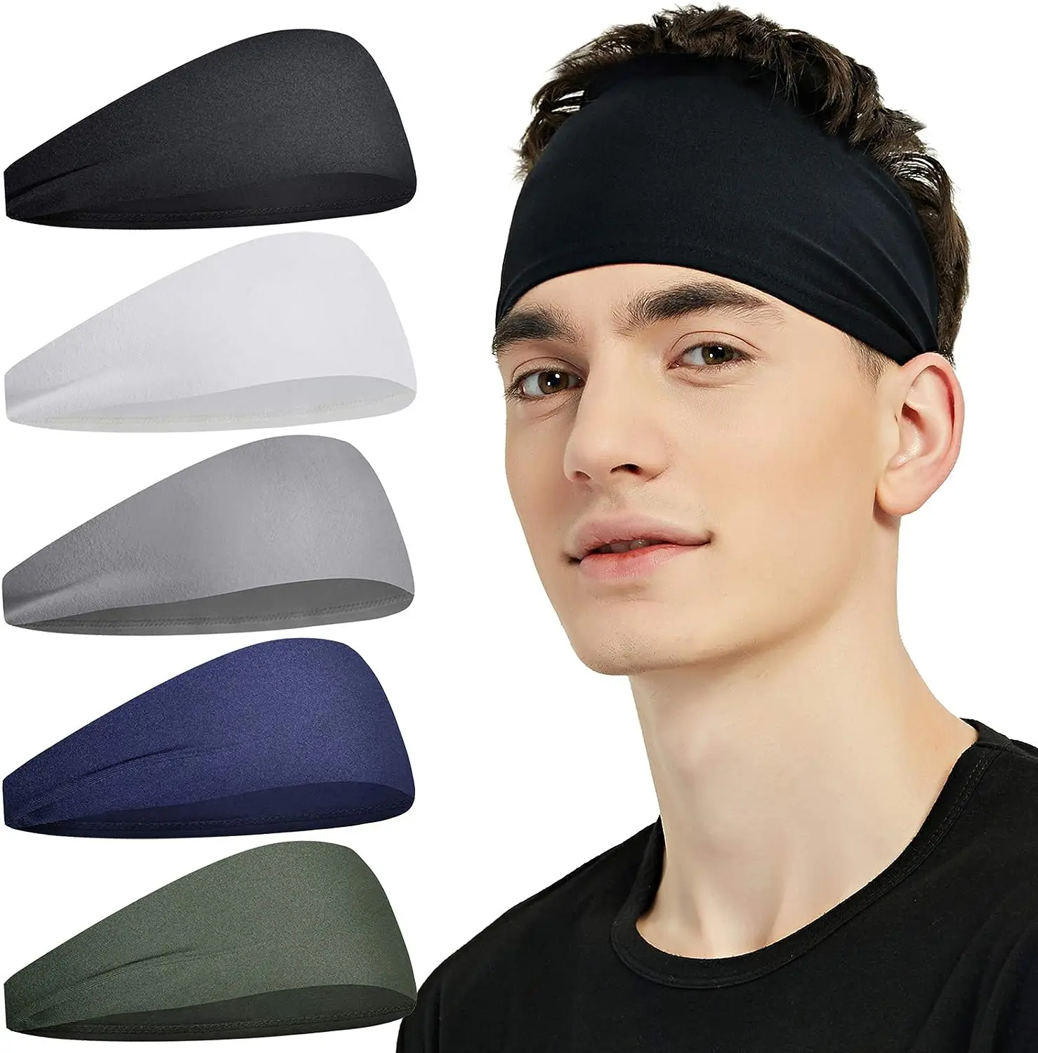 Men Sweatband Sports Headband for Running Cycling Basketball Yoga Fitness Workout Stretchy Hairband for Man