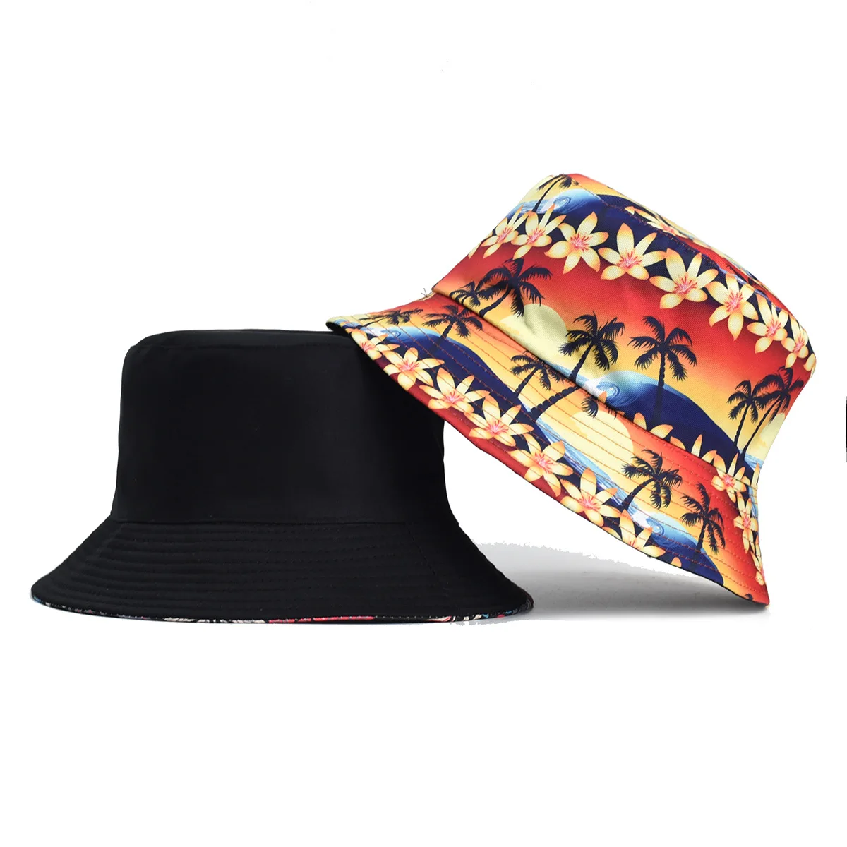 New Outdoor Beach Travel Caps Panama Cap Double Sides Fisherman Hats Cartoon Coconut Trees Printing Hawaii Pattern Bucket Hat