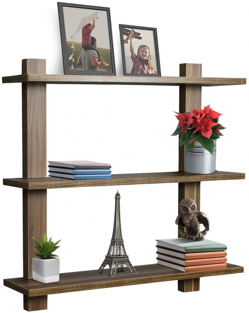 3 Tier Walnut Floating Shelf Asymmetric Square Wall Shelf Decorative Hanging Display Wall Mounted Hanging Shelf