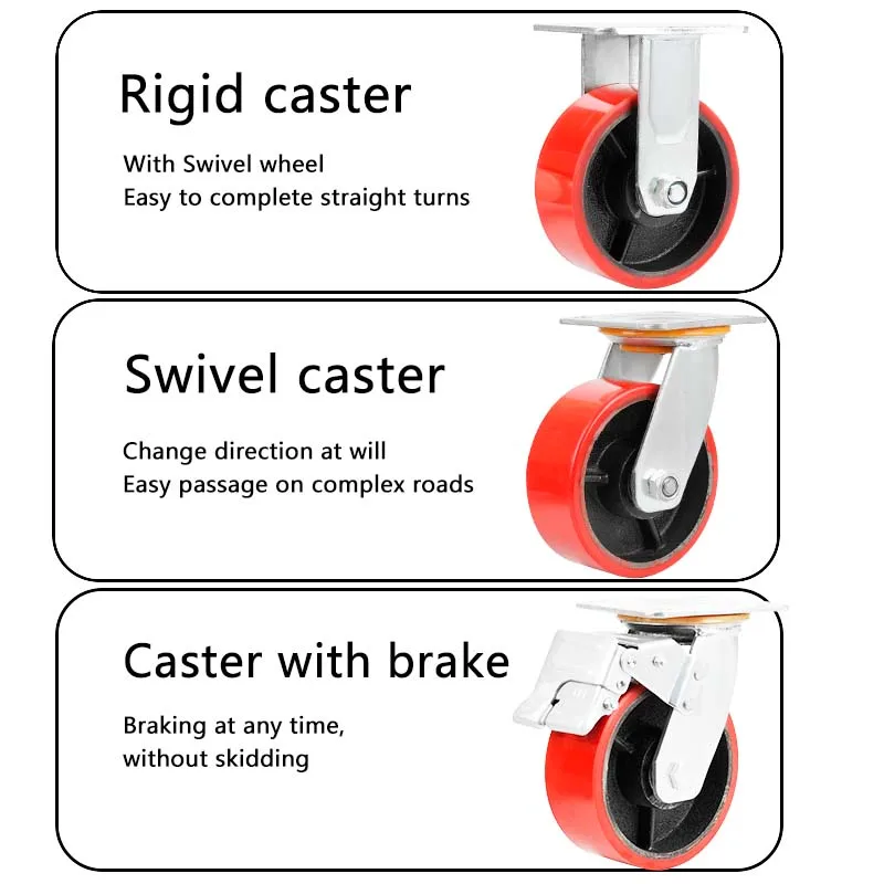 6 8 10inch Heavy duty mute Durable iron core  red polyurethane PU Rigid Swivel caster wheel with brake