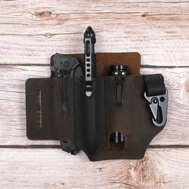 Multitool Leather Sheath EDC Pocket Organizer With Key Holder Outdoor Camping Tool Holster for Belt and Flashlight Father Gift