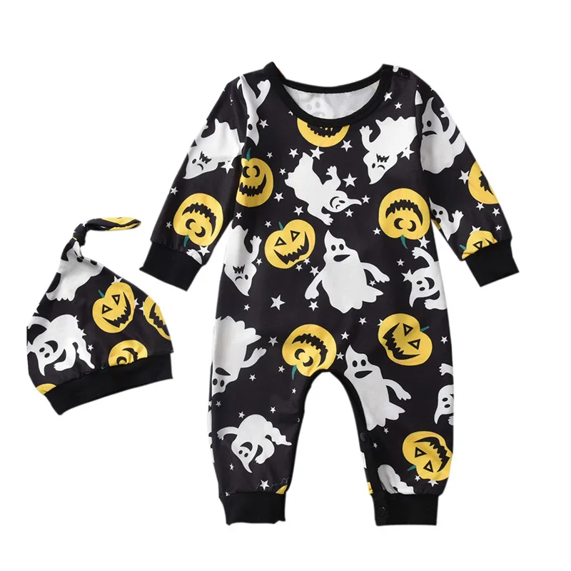 Custom Baby Girl Halloween Pumpkin Skull bone Printing Jumpsuit long Sleeves baby rompers