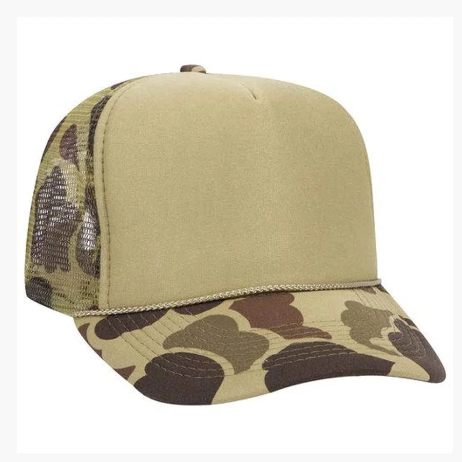Wholesale High Quality Trucker Hat Adjustable 5 Panel Snapback Hat Custom Back Mesh Camo Trucker Hats With Rope Custom