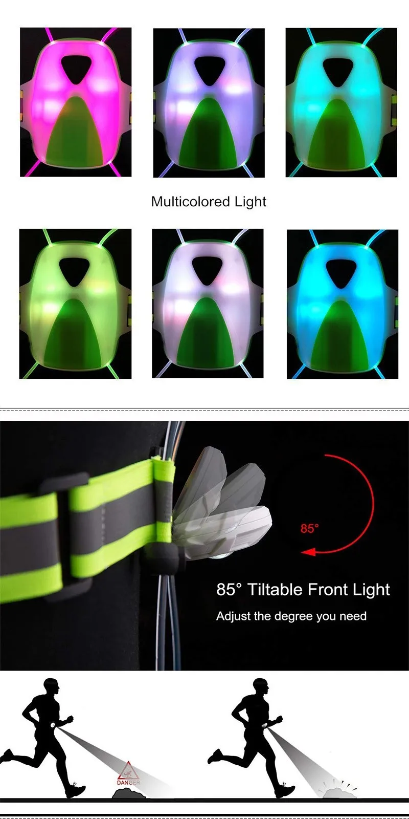 LED outdoor waterproof USB rechargeable running safety vest warning night running light vest wearable flashlight