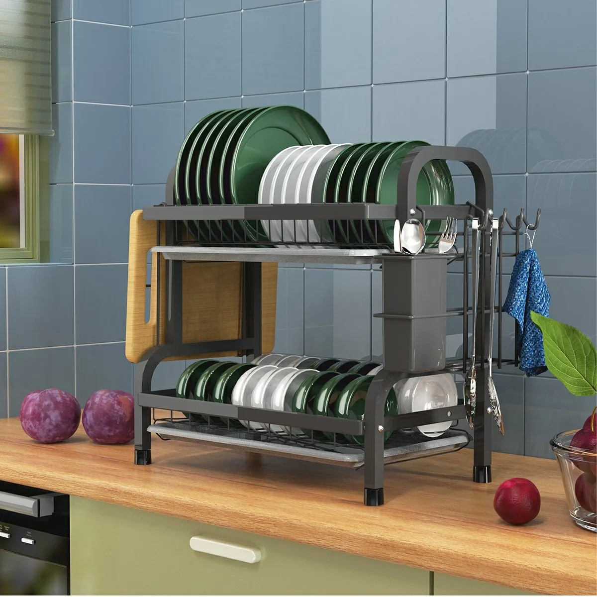 Hot Selling Carbon Steel Black 2 Tier Tableware Dish Drying Drainer Dryer Rack with Cutlery Holder