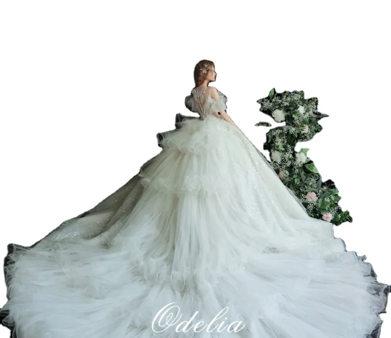 Beading Crystal Appliques Flowers Lace Ball Gown Wedding Dress Short Sleeve Bride Dresses