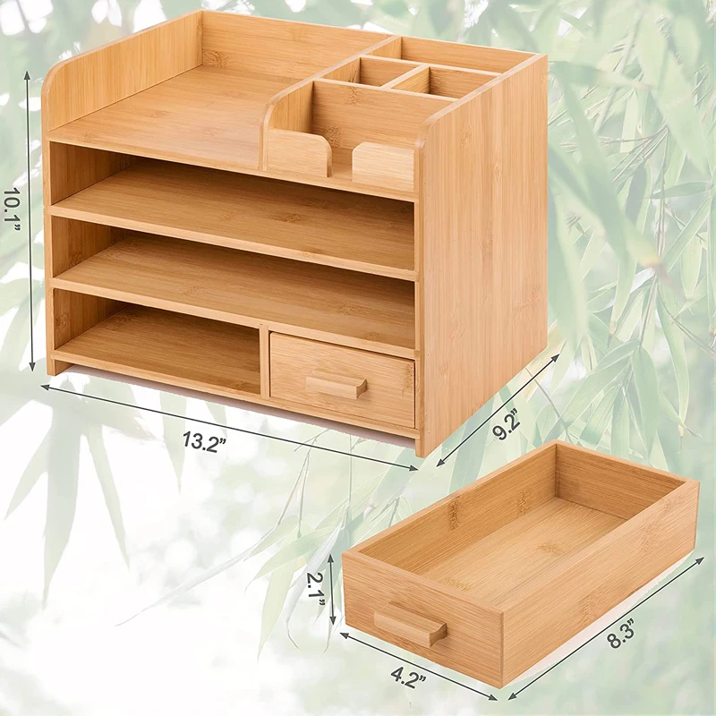 4 Tier Bamboo Desk Organizer with Drawers for Office Table Top Shelf