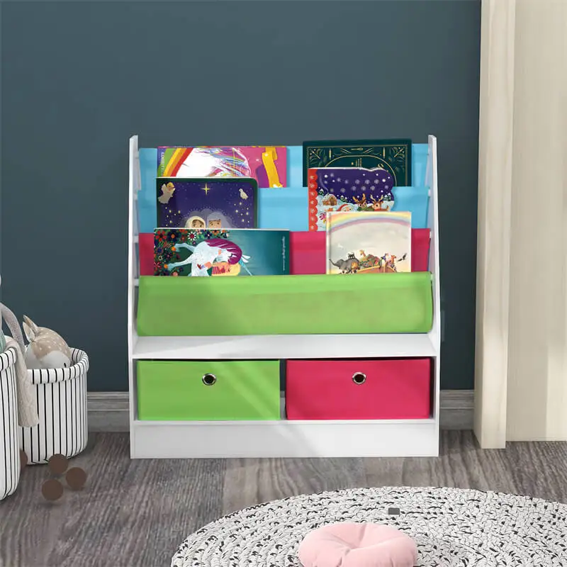 Exquisite US drop shipping retail comic book storage shelf with 2 fabric bins easy to built wood kids furniture bookcase