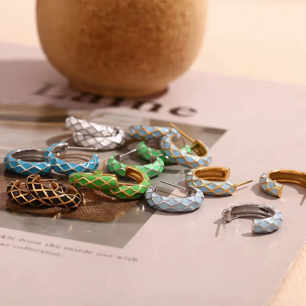 Fashion Jewelry Stainless steel C Shape Hoop Earrings Colorful Drip Oil Vintage waterproof non tarnish earrings