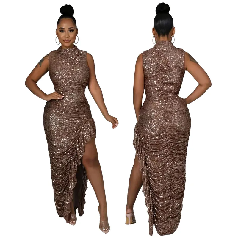 2022 Sequin Dress Sleeveless Maxi Dress Slit Pleated Women Sexy Club Wear